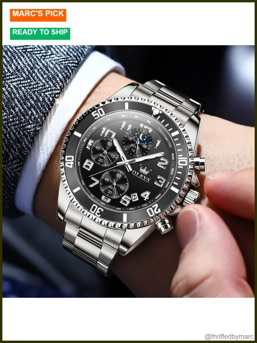 Stainless Steel Dress Watch with Date Big Face Chronograph Waterproof 43mm